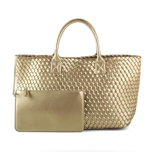 Image of Woven Vegan Leather Tote Bag for Women Retro Handwoven Shoulder Travel Handbag Large Capacity Hobo Bags with Purse (Gold)