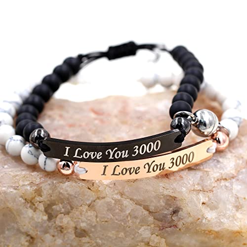 Uloveido Personalized Id Couple Bracelets With Magnet, Stainless Steel And Natural Bead, Custom Engraving Handmade Braided Rope Wrist Bangle For Men Women Friendship, Adjustable, (I Love You 3000) #TOP6