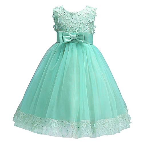 Discoball Vestido de princesa para niñas, vestido de tul con lazo bordado de encaje para niña, fiesta de cumpleaños, boda, dama de honor, primera comunión, verde, 1 2 Años