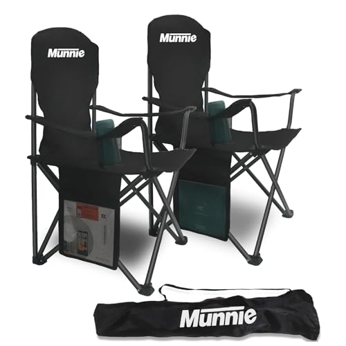 Munnie Set of 2 Folding Camping Chairs | Lightweight Heavy Duty Outdoor Chair | With Armrests, Cup Holder and Side Pocket | Extra-Wide 120kg Capacity per Chair | Included with Carry Bag – Black