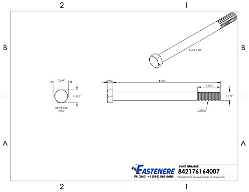 Image of 3 /8-16 x 4-3 /4 inch Hex Head Cap Screw Bolts, External Hex Drive, Stainless Steel 304, Partially Threaded, Stainless Steel, Quantity 5