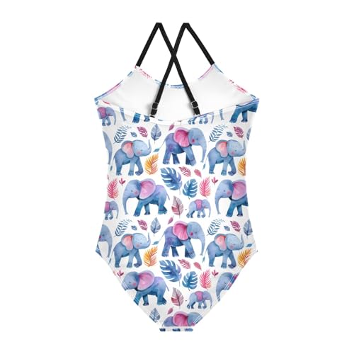 senya Girls Swimsuits One-Piece Swimwear Tie Bathing Suit Beach Summer Round Neck 7-8T Watercolor Elephants Tropical Leaves2