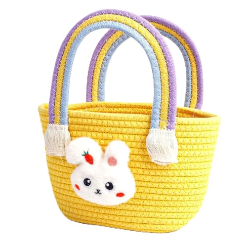 Image of Exun Easter Bunny Basket for Kids, Cute Cotton Tote Bag Hand-Woven Handbag with Rainbow Handles, Easter Egg Hunt Basket Bags for Boys, Girls, Toddler, Babies, Eastergift basket Personalized (Yellow)
