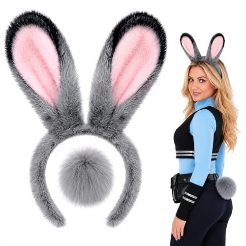 OIWLCI Grey Bunny Ears and Tail Set Plush Bunny Ears Headband Halloween Accessories for Woman Cute Rabbit Costume Set for Adults Cosplay Animal Ears for Halloween Party (Grey Bunny)