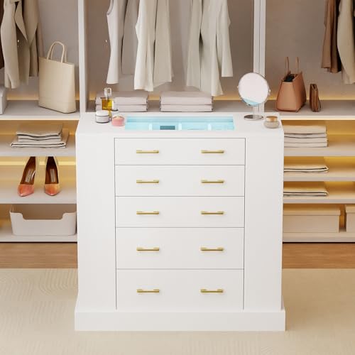 JanflyHome Closet Island with Glass Top LED Lights and Jewelry Display Bedroom Island with Open Shelves Drawers Dresser & Walk-in Closet Island for Bedroom Cloakroom White 2
