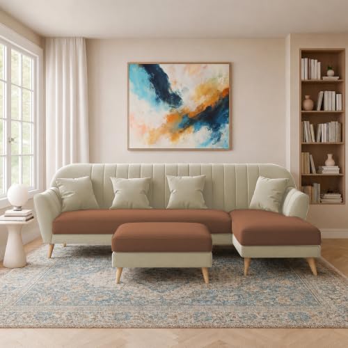 Image of Atticus RHS 6 Seater L Shape Sofa Set with Ottoman Living Room (Cream Brown Colour Fabric) Premium Fabric Sofa Set for Living Room