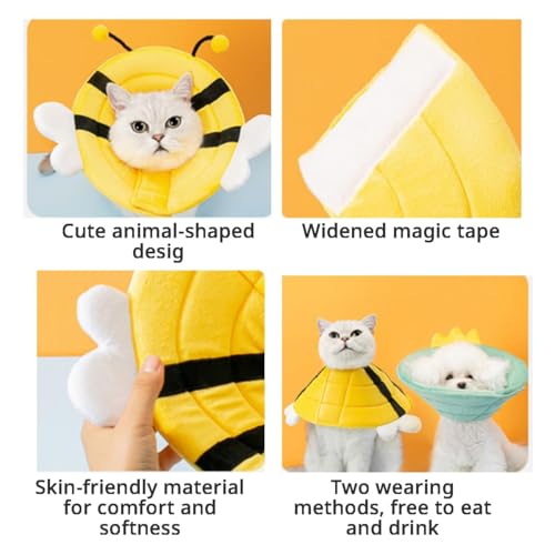 Image of MANON ROSA Cat Cone E-Collar: Soft After Surgery Elizabethan Collar Adjustable Cute Animal Design for Dogs Cats Puppies Kittens Rabbits Bunnies Prevents Licking (Bee,S)