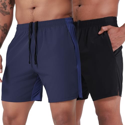 VPOS Paquete de 2 pantalones cortos deportivos para hombre, entrepierna de 7 pulgadas, pantalones cortos de entrenamiento para hombre, ligeros, de secado rápido, para gimnasio, correr, Paquete negro y