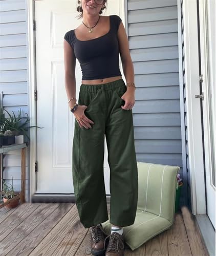 Womens Corduroy Pants Mid Rise Corduroy Barrel Pants, Casual Baggy Wide Leg Elastic Waist Cord Pants with Pockets3