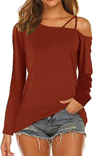 MAKARTHY Women's Cold Shoulder Tops Long Sleeve Strappy Off Shoulder Top Casual Tunic Blouse T-Shirts