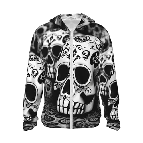 LZQPOEAS Sun Protection Hoodie Black and white skulls Jacket Lightweight Long Sleeve Sun Shirts for Outdoor Hiking Small