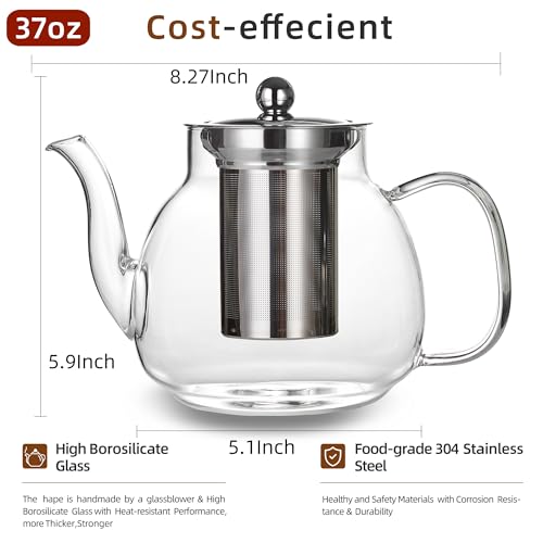 MJZQCD 37oz/1100ml Glass Teapot with Removable Infuser, Stovetop & Microwave Safe Borosilicate Tea Kettle, Clear Flowering Tea Maker with 18/10 Stainless Steel Filter for Loose Leaf & Blooming Tea