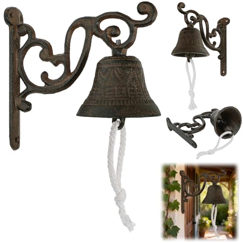 ELFULLY Vintage Dinner Hanging Bell Cast Iron Door Bells Rustic Bracket Wall Mounted Bell Metal Decorative Outdoor Bells Indoor Heavy Duty Doorbell for Front Door Garden Home Farm House Decor