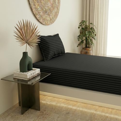 Image of Filymore Single Bed Bedsheet with 1 Pillow Cover, 300 TC Microfiber Satin Striped Bedsheet, Soft & Breathable Single Size Bedcover 90x60 Inches, Black