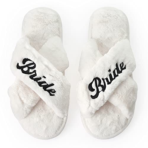 xo, Fetti Bride Slippers, White Fur | Bachelorette Party Decorations, Wedding Day Sandals, Bridesmaid Gift, Bridal Shower Party Favor…