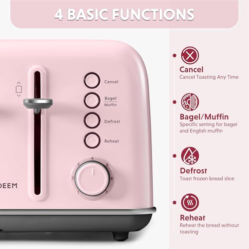 Image of BUYDEEM DT640 4-Slice Toaster, Extra Wide Slots, Retro Stainless Steel with High Lift Lever, Bagel and Muffin Function, Removal Crumb Tray, 7-Shade Settings,Pink