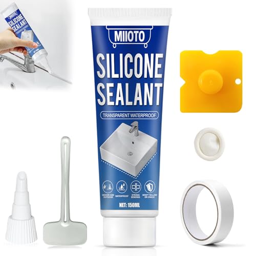 Miioto Silicona Transparente Baño Antimoho, Silicona Liquida Transparente, Silicona Baño, Sello Impermeable, Apto para Fregaderos de Cocina y Bordes de Inodoros de Baño - 150ml