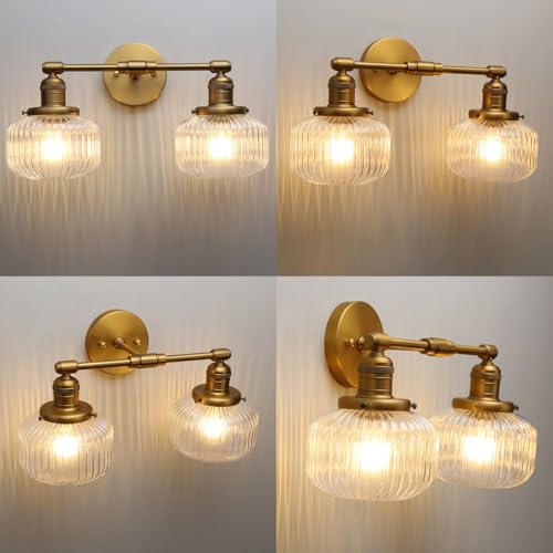 Image of Phansthy Vintage Hardwired Sconces Wall Lighting, Bathroom Vanity Light Fixtures Antique Brass, Modern Wall Light with Clear Striped Glass Shade for Bedroom Fireplace Hallway (Antique Gold, Two-Light)