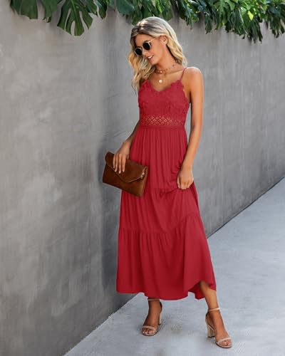 Image of Dokuritu Women's Beach Crochet Lace Maxi Dress Solid Color Summer Vacation Wedding Guest Spaghetti Strap Long Dress