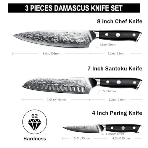 Image of SHAN ZU Damascus Knife Set, Japanese Super Steel 3 PCS Damascus High Carbon Professional Ultra-Sharp Kitchen Chef Knife Set with G10 Handle Gift Box