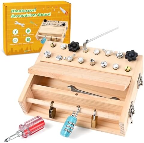 Wooderma Montessori Spielzeug für 3 4 5 Jahre, Montessori Schraubendreher Brett, Holzspielzeug Montessori Busy Board, Montessori Activity Board & Motorikspielzeug & Lernspielzeug f