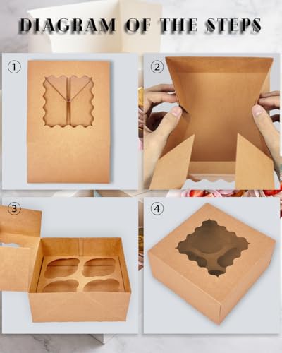 Gcardist Brown Automatic Popup 4 Cupcake Boxes with Window, Pack of 12, 16 x 16 x 7.6 cm Bakery Boxes for Cupcake Carrier - Image 2