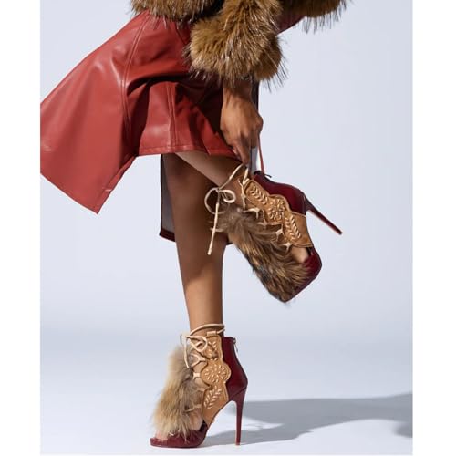 Fur Stiletto Heels Sandals for Women Lace up Faux Fur Ankle High Heels with Back Zip Peep Toe Comfortable Sandals2
