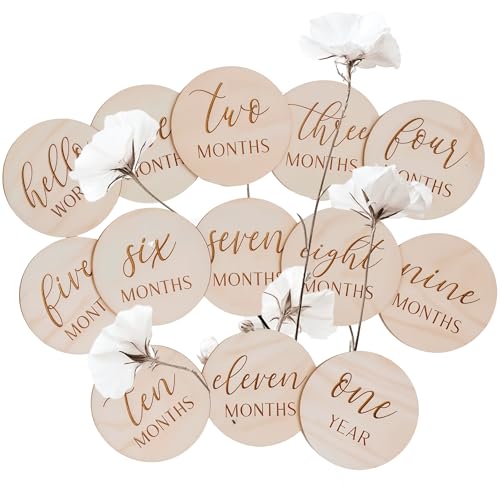 Image of Baby Monthly Milestone – Handcrafted Baby Milestones by White Loft Made with Thick Birch Wood to Capture Baby's First Year of Life, Set of 13 Cards (Includes Hello World Newborn Sign + 1-12 Months)