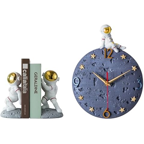 Space Theme Gray Bookends and Gray Clock Bundle - Astronaut Decor for Kids Room Cover