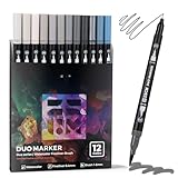 Zscm Gray Duo Tip Marker Pens, 12 Pack Fine &Amp; Brush Markers For Adult Coloring Books No Bleeding, Neutral Gray Markers For Shading, Urban Sketches, Architectural Drawings And Realistic Textures
