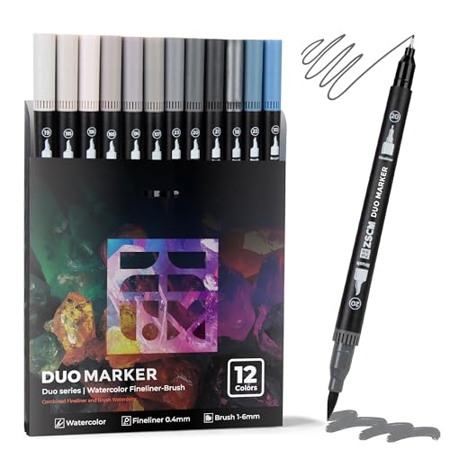 Zscm Gray Duo Tip Marker Pens, 12 Pack Fine &Amp; Brush Markers For Adult Coloring Books No Bleeding, Neutral Gray Markers For Shading, Urban Sketches, Architectural Drawings And Realistic Textures