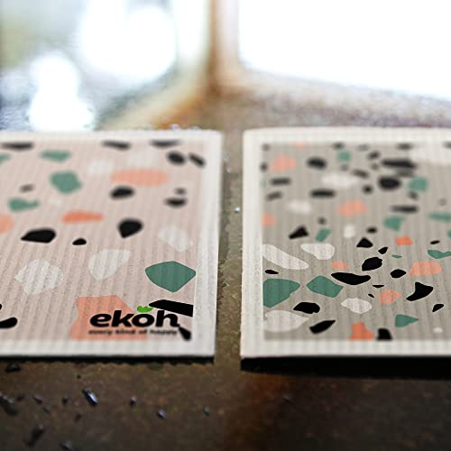 Ekoh 2 Pack Swedish Dishcloths Terrazo Stone Prints | Kitchen Reusable Eco Sponge Cloths | Kitchen Dish Towels | Plastic-Free Washing Sponge Set | Multipurpose Cleaning Cloths | Replaces Paper Towel #TOP7