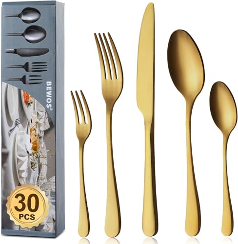 BEWOS Besteck Set für 6 Personen, 30 teilig Titanium Gold Essbesteck Set inkl. Messer, Gabel, Löffel, Besteck Edelstahl, Spülmaschinenfest (Matt...