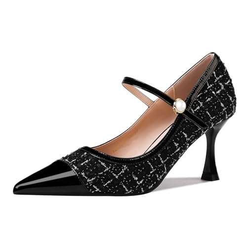 GOSERCE Women's Kitten Pumps Mary Jane Pearl Buckle Glitter Sparkly Strap Splicing Patent Pointed Toe High Heel Formal Dress Prom Work Office Herls Shoes