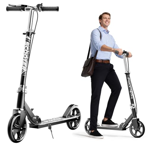 Scooters for Kids 8-12, Teens & Adults - Lightweight, Foldable, 8-Inch Big Wheels, Hand Brake & Bell, 4 Adjustable Height Levels, 240 lbs Max Load, Perfect for School, Campus and Park Rides Black