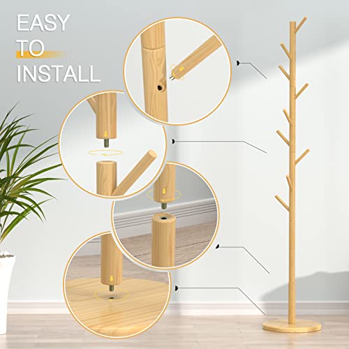 Wooden Coat Rack Freestanding Coat Tree With 4 Height Options And 9 Hooks, Sturdy Coat Rack Stand For Clothes/Bags/Hats, Easy Assemble Save Space For Entryway,Bedroom,Office,Narrow Place-Natural #TOP6