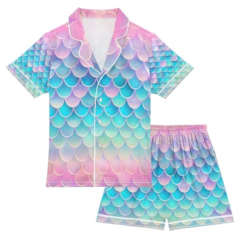 senya Fish Scales Glitter Satin Summer Pajama Sets Silk Short Sleeve Button Down Sleepwear