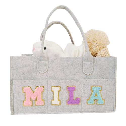 Personalized Baby Diaper Caddy, Easter Basket, Nursery Storage Bin for Changing Table, Baby Shower Basket for Newborn, Baby Shower Gifts, New Mom Gifts, Car Caddy, Chenille Letter Patches