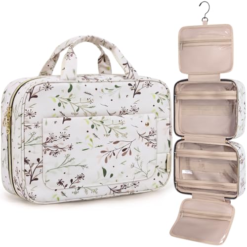 Image of BAGSMART Toiletry Bag Travel Bag with Hanging Hook, Water-resistant Makeup Cosmetic Bag Travel Organizer for Accessories, Shampoo, Full-size Container, Toiletries (Beige Ditsy Floral, Medium)