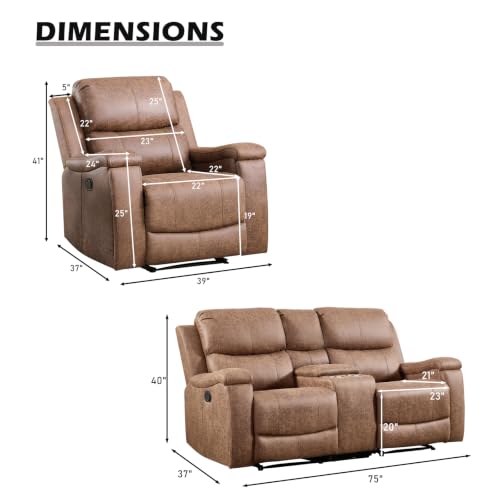 Image of CANMOV Faux Leather Manual Reclining Sofa Set, Manual Single Recliner Chair and 2 Seat Recliner Loveseat with Center Console, Hidden Storage and Cup Holders for Living Room,Bedroom Furniture,Nut Brown