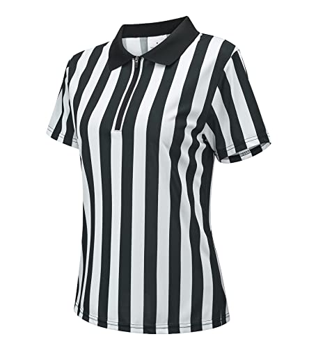 Amoy Women's Referee Shirt Black & White Stripe Costume Short Sleeve Umpire Jersey 1/4 Zipper Collar Uniform Football Basketball Soccer Christmas Accessories M #TOP1
