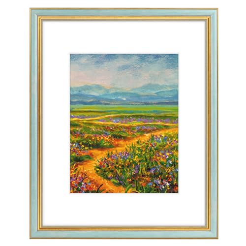 Image of Golden State Art,16x20 Ornate Picture Frame Holds 11x14 Photo,Light Blue | Includes plexiglass front,white mat,build-in hangers and buttons.Displays 11x14 photo on wall