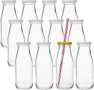 Lawei 12 Pack 325 ml Reusable Milk Bottles, Vintage Dairy Bottles with 12 Straws,12 White Metal Lids & 12 Yellow Lids with Hole