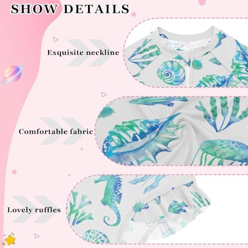 Girls Swimsuits Long Sleeve Bathing Suits Tropical Fish Seashells UPF 50+ Sun Protection Swimwear 3-12 Years3