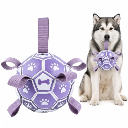 Image of Dog Toys Balls, Dog Soccer Ball with Straps, Dog Birthday Gifts, Durable Balls for Small Medium Pet, Puppy Outdoor Toy, Pet Training Soccer Ball, World Cup Soccer (7.25 Inch) (Purple, Large)