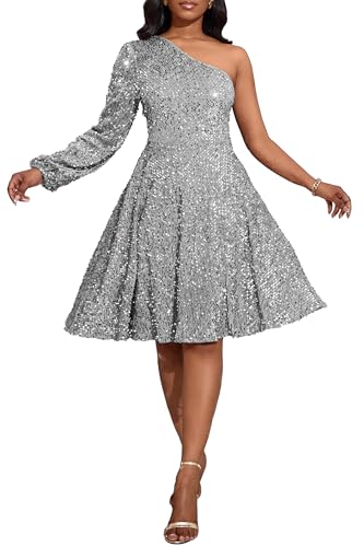 VERWIN Damen Pailletten Kleid One Shoulder Langarm Skaterkleid Ärmellos Midikleid Sparkly Casual Party Cocktailkleid, grau, XXL