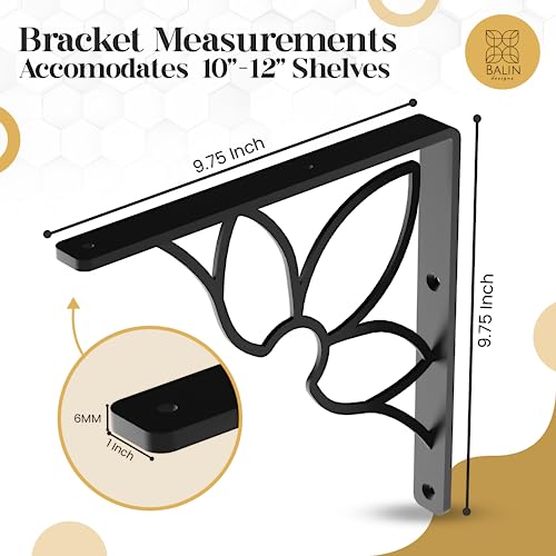 Balin Designs Shelf Bracket For 10" And 12" Shelves - Pack Of 4 - Heavy Duty Decorative Metal Shelf Brackets - Rustic Home Decore - L Brackets - Easy To Install - Hardware Included (Black, Flower) #TOP2