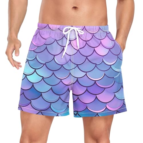 xigua Mermaid Scale Mens Swim Trunks with Liner, 5 inch Quick Dry Mens Boardshorts for Beach