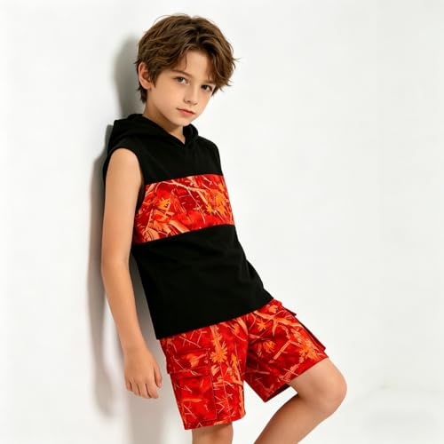 Image of Size 6-12 Years Boys Summer Clothes Hooded Sleeveless Tank Tops Workout Shorts 2 Piece Set Fashion Outfits
