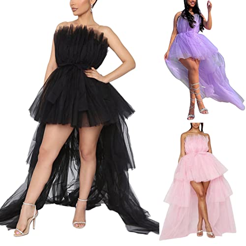 Image of Women's High Low Tulle Dress Strapless Solid Color Tiered Cocktail Party Dress Prom Gown